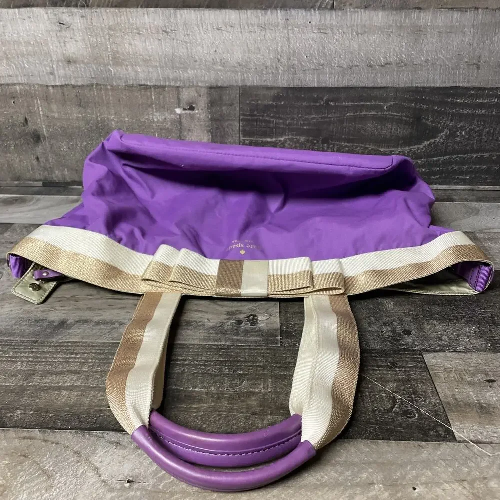 KATE SPADE Barrow Street Bon Nylon Shopper Tote Purse- Violet/Cream/Gold w/ Bow